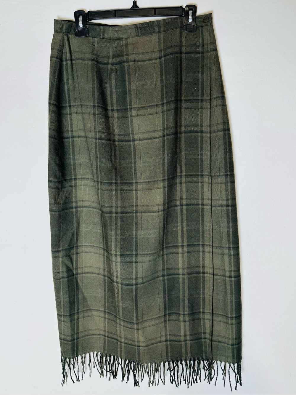 Vintage Cleo Olive Green Plaid Wrap Wool Blend Maxi Skirt W Fringe L Academia
